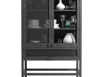 Modern Black Sideboard With Rattan Doors Glass Shelves And Decorative Vases Plates 3d model