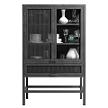 Modern Black Sideboard With Rattan Doors Glass Shelves And Decorative Vases Plates