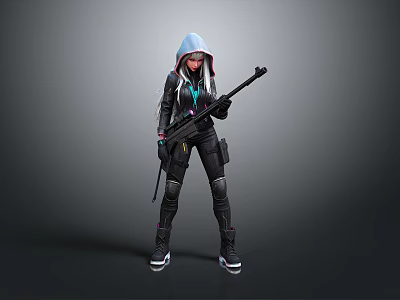 Hooded Character In Black Tactical Outfit Holding Rifle With Blue Accents 3d model