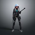 Hooded Character In Black Tactical Outfit Holding Rifle With Blue Accents