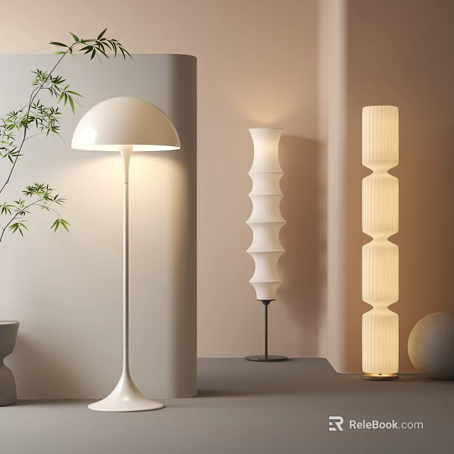 Modern Living Room Interior With Dome Spiral And Textured Floor Lamps 3d model 