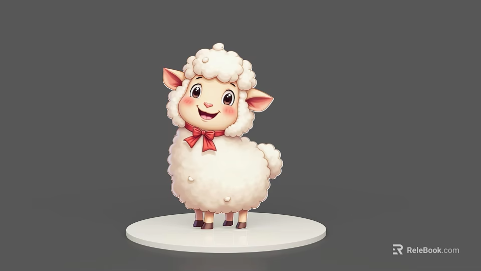 Cute Cartoon Sheep with Fluffy White Wool Red Bow on White Base 3d model 