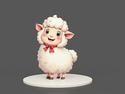 Cute Cartoon Sheep with Fluffy White Wool Red Bow on White Base 3d model