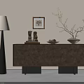 Stylish Entryway Console Table With Carved Wooden Pattern Lamp Framed Art And Decorative Branches
