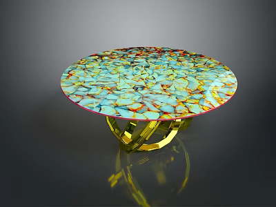 Elegant Modern Functional Table With Round Colorful Patterned Tabletop And Gold Legs 3d model