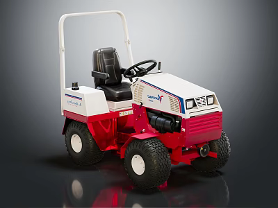 Red And White Lawn Mower With Black Seat And Steering Wheel Design 3d model