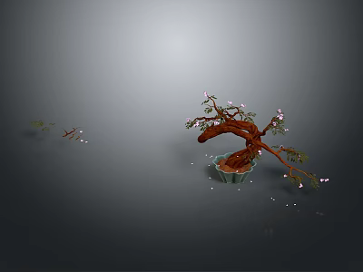 Bonsai Tree with Brown Trunk and Pink Flowers in Light Green Pot and Scattered Petals 3d model