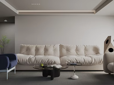 Modern Living Room Design With Beige Sofa Blue Armchair Black Coffee Table And Green Plant 3d model