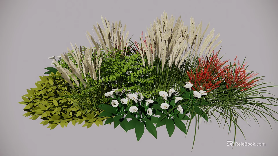 Colorful Garden Flowers And Grasses With White Calla Lilies Green Ferns And Red Plants 3d model 