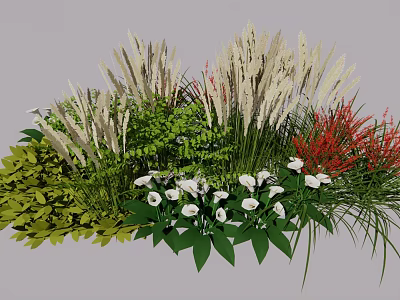 Colorful Garden Flowers And Grasses With White Calla Lilies Green Ferns And Red Plants 3d model