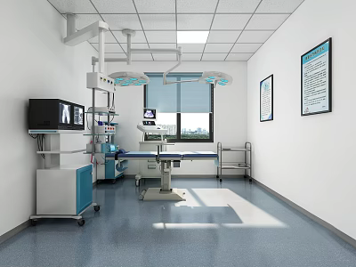 Hospital Clinic Interior With Surgical Lights Medical Equipment Treatment Table And Wall Charts 3d model