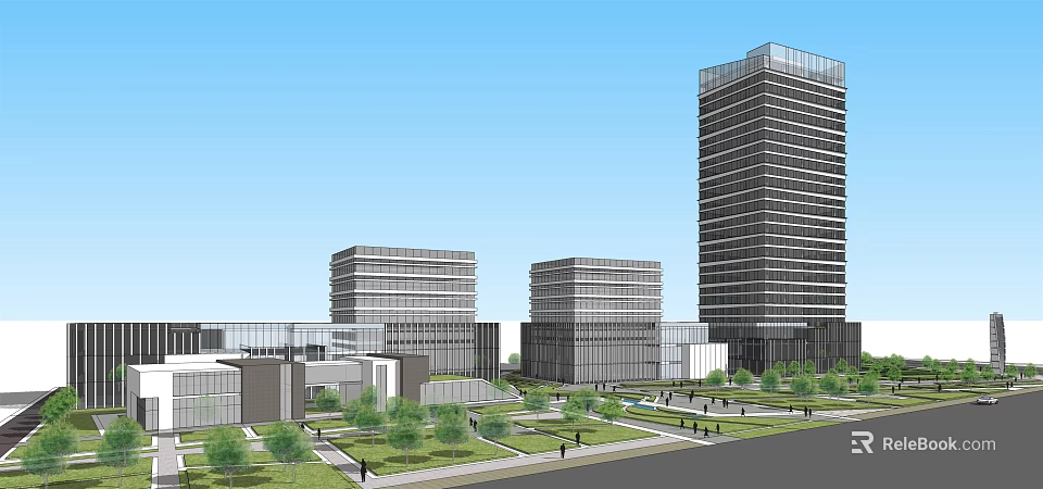 Modern Office Building Complex With Multiple Structures Green Landscaping And Pedestrian Areas 3d model 