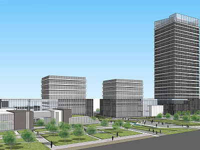 Modern Office Building Complex With Multiple Structures Green Landscaping And Pedestrian Areas 3d model