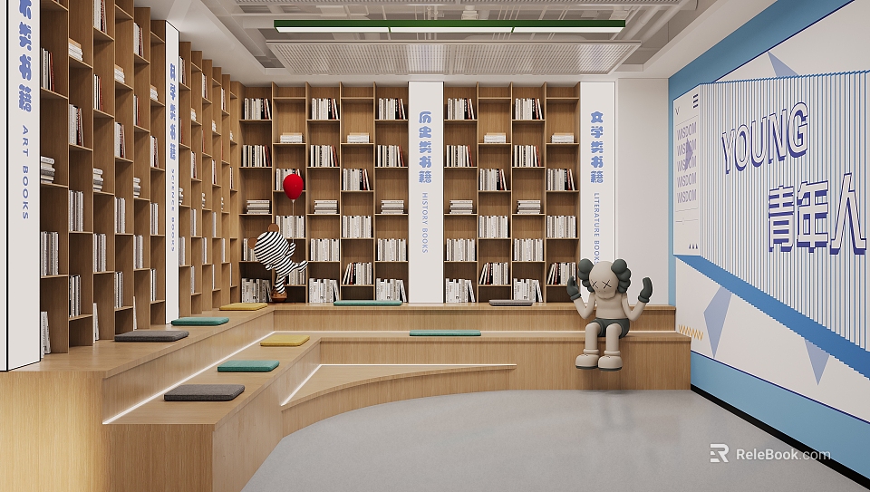 Artistic Library Interior With Bookshelves And Decorations 3d model 