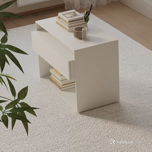 Modern White Bedside Table With Drawer Shelf Books And Green Plant On Carpet 3d model 