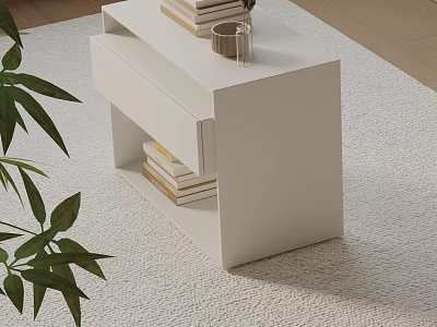 Modern White Bedside Table With Drawer Shelf Books And Green Plant On Carpet 3d model