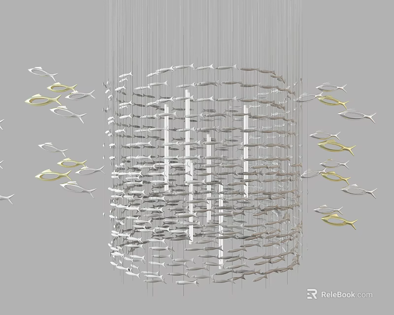 Silver Layered Chandelier With Yellow Fish Shaped Decorations Hanging Beautifully 3d model 