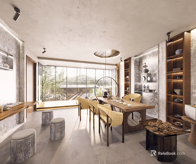 Rustic Dining Room Interior With Wooden Table Chairs Large Windows And Stone Stools 3d model