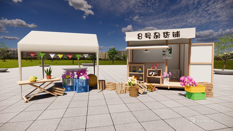 Outdoor Grocery Store Stall Display With Flowers Fruits Wooden Crates And Colorful Flags 3d model 