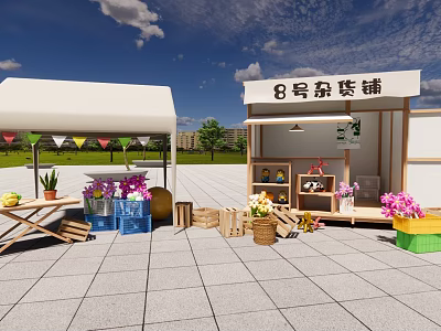 Outdoor Grocery Store Stall Display With Flowers Fruits Wooden Crates And Colorful Flags 3d model