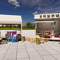 Outdoor Grocery Store Stall Display With Flowers Fruits Wooden Crates And Colorful Flags