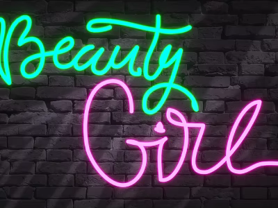 Colorful Neon Decorative Lights with Beauty Girl Lettering in Green and Pink on Brick Wall 3d model