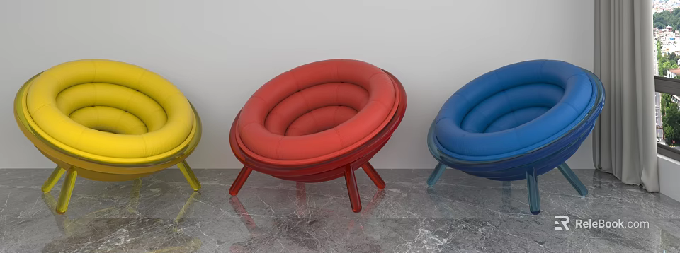 Colorful Single Chairs With Curved Design And Transparent Legs On Marble Floor 3d model 