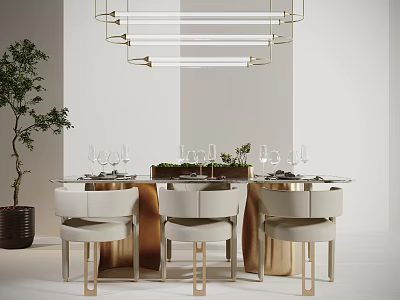 Modern Luxury Dining Table Set With Glass Top Light Colored Upholstered Chairs And Metal Legs 3d model