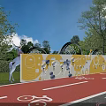 Building Exterior Wall With Yellow White Decorative Patterns Green Plants Bicycle Lane And Sculpture