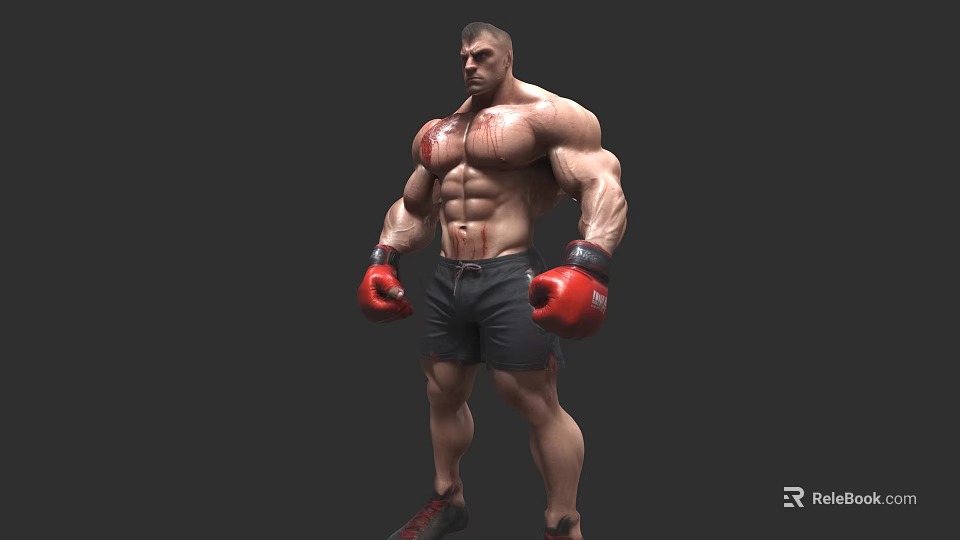Muscular Man With Red Boxing Gloves Black Shorts And Sports Shoes Standing Against Gray Background 3d model 