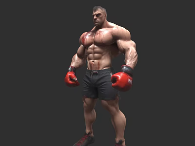 Muscular Man With Red Boxing Gloves Black Shorts And Sports Shoes Standing Against Gray Background 3d model