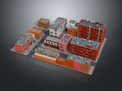 Cartoon City Scene With Colorful Multi Story Buildings And Various Roof Designs 3d model
