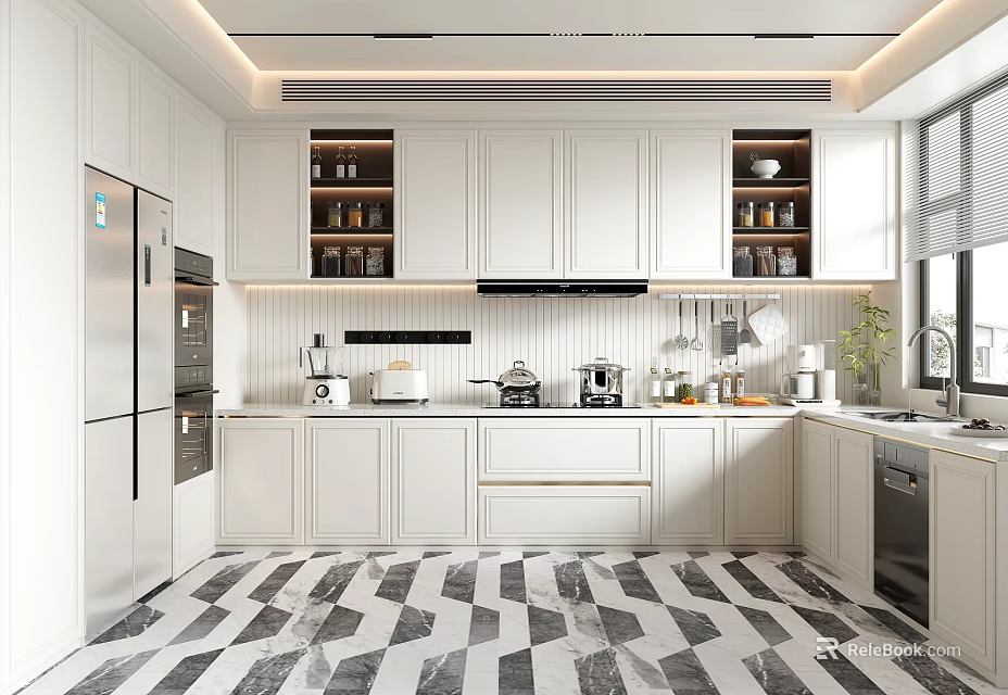 Modern Kitchen Interior With White Cabinets Stainless Steel Refrigerator And Black White Checkered Floor 3d model 