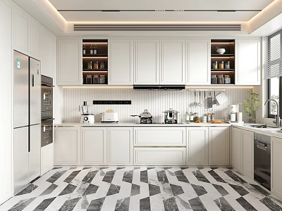 Modern Kitchen Interior With White Cabinets Stainless Steel Refrigerator And Black White Checkered Floor 3d model