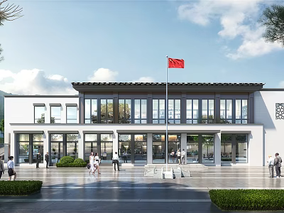 Modern Service Area Exterior With Red Flag Plaza Glass Windows And Green Plants 3d model