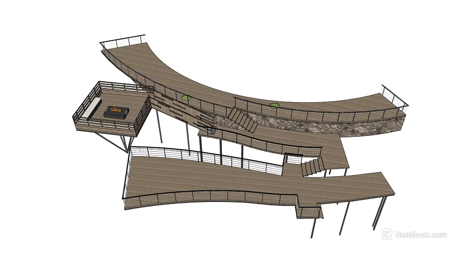 Wooden Multi Level Walkway Platform With Railings Steps And Fire Pit Area 3d model