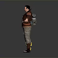 Man Wearing Brown Jacket Red Backpack Work Pants Yellow Knee Pads Boots With Arms Outstretched