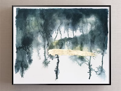 Abstract Painting with Dark Brushstrokes Golden Strip White Background and Black Frame 3d model