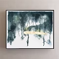 Abstract Painting with Dark Brushstrokes Golden Strip White Background and Black Frame