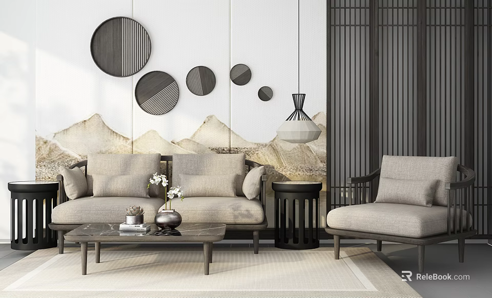 Sofa Coffee Table Set With Armchair Circular Wall Decor And Mountain Pattern Backdrop 3d model