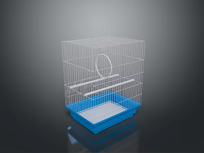 White Metal Bird Cage with Blue Base Perch and Hoop for Pet Birds 3d model