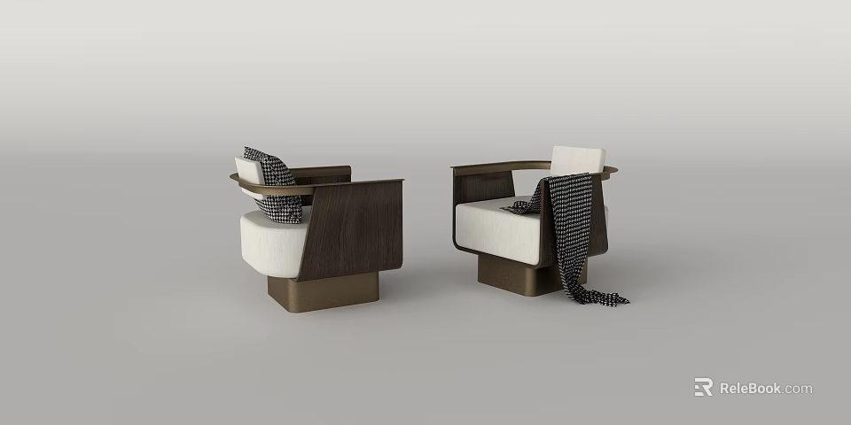 Modern Accent Chair With Wooden Armrests Metal Base Pillows And Plaid Throw Blanket 3d model 