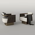 Modern Accent Chair With Wooden Armrests Metal Base Pillows And Plaid Throw Blanket
