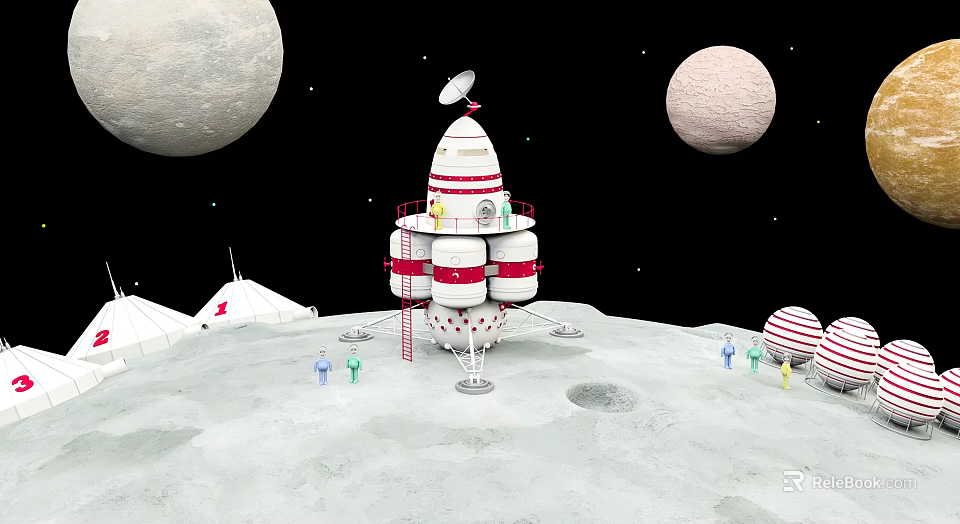 Red And White Lunar Base With Antenna Dome Structures And Small Figures On Moon Surface 3d model 