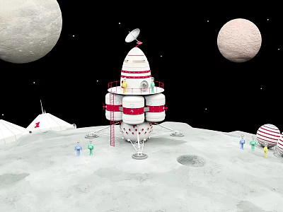 Red And White Lunar Base With Antenna Dome Structures And Small Figures On Moon Surface 3d model