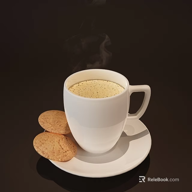Hot Coffee With Milk Foam And Sprinkles Served With Two Cookies On White Saucer 3d model 