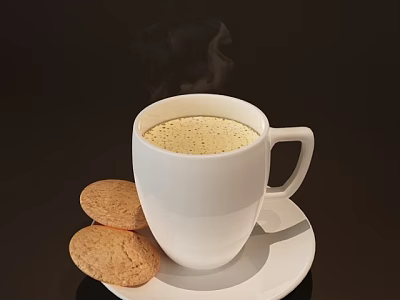 Hot Coffee With Milk Foam And Sprinkles Served With Two Cookies On White Saucer 3d model