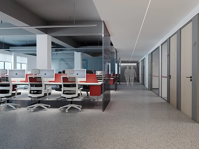 Modern Public Office Area With Open Layout Red White Chairs And Multiple Computers 3d model
