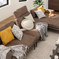 Cozy Living Room With Brown Sofa Yellow White Cushions Throw Blanket And Snowy Mountain View