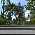 Outdoor Garden With Flower Arch White Flowers Palm Trees And Lush Greenery